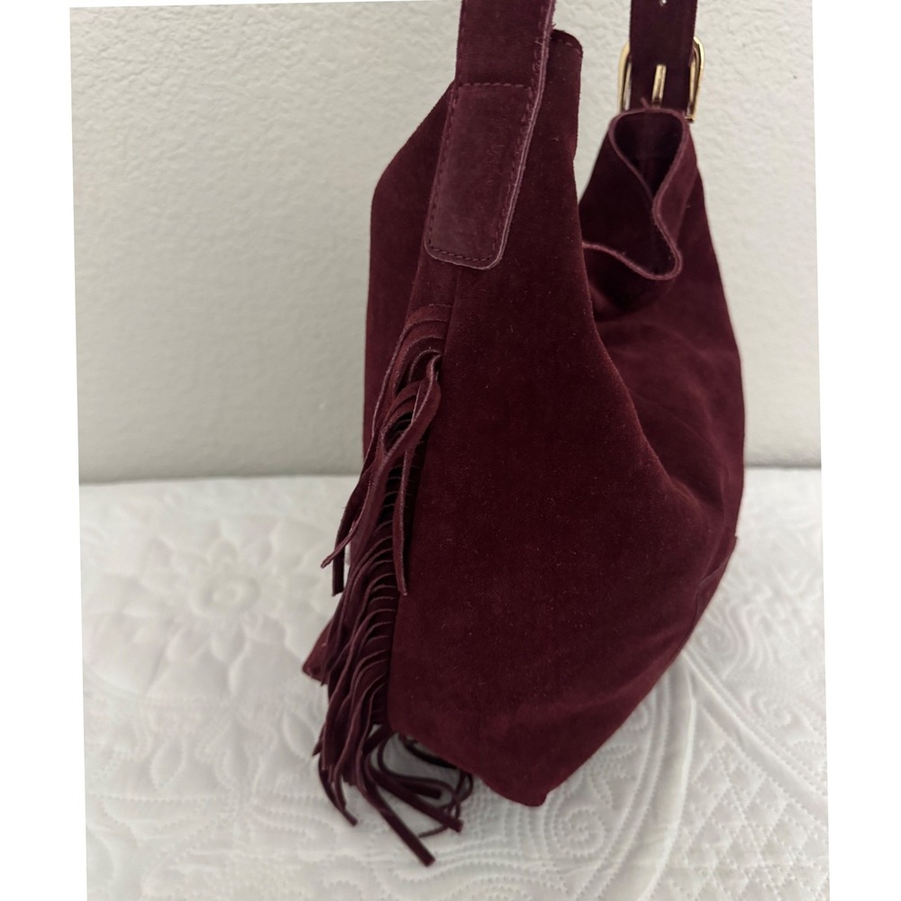 Haute Hippie Burgundy Suede Fringe Shoulder Bag Boho Western Hobo Slouchy Wine - Picture 5 of 15
